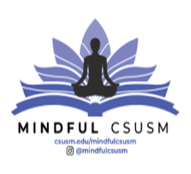 Mindful CSUSM Logo - meditating figure on top of a book that looks like a flower blossoming