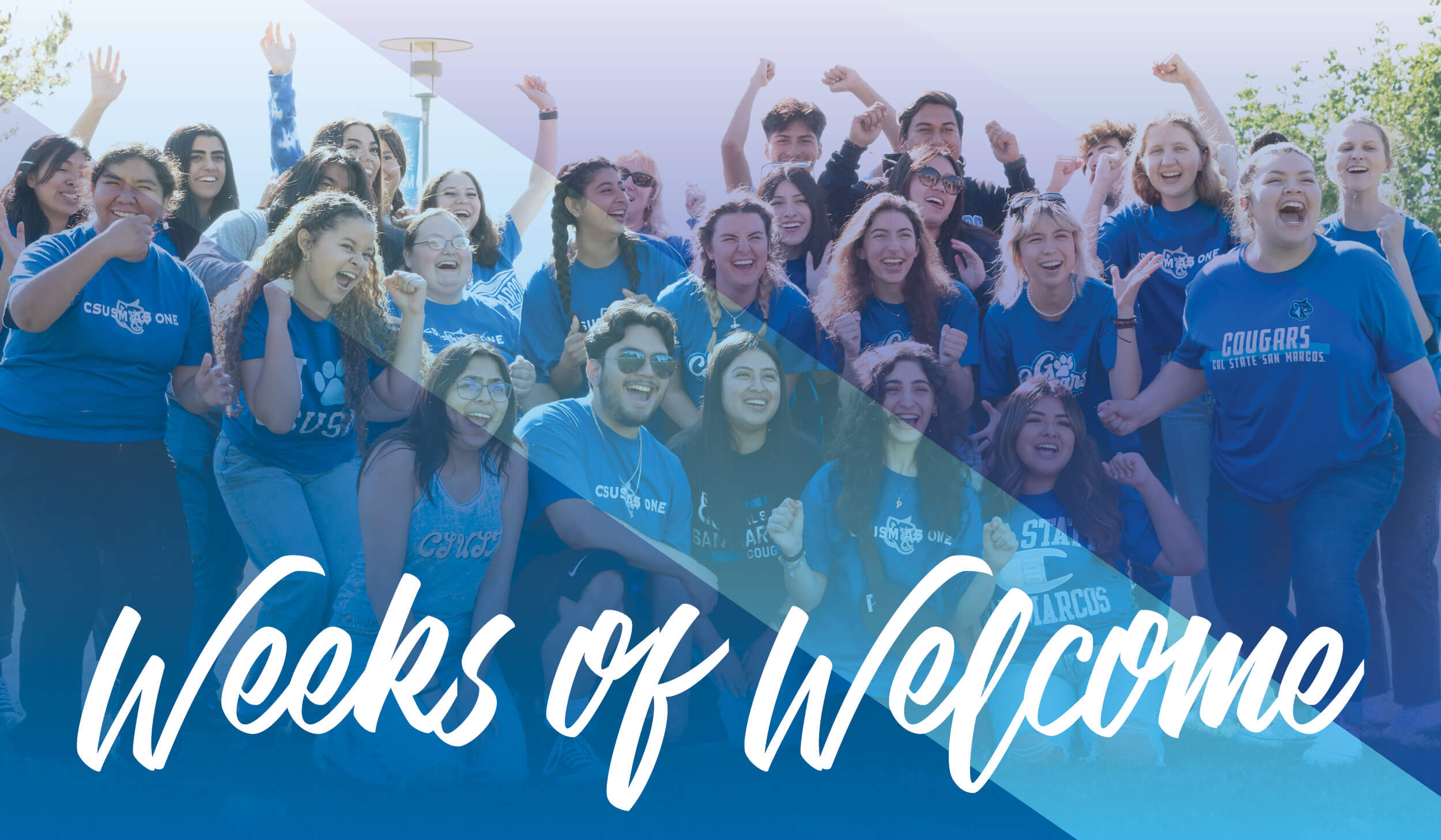 group of students with weeks of welcome text