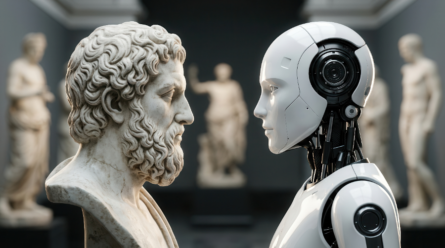 AI robot looking into the face of a statue of a Greek philosopher