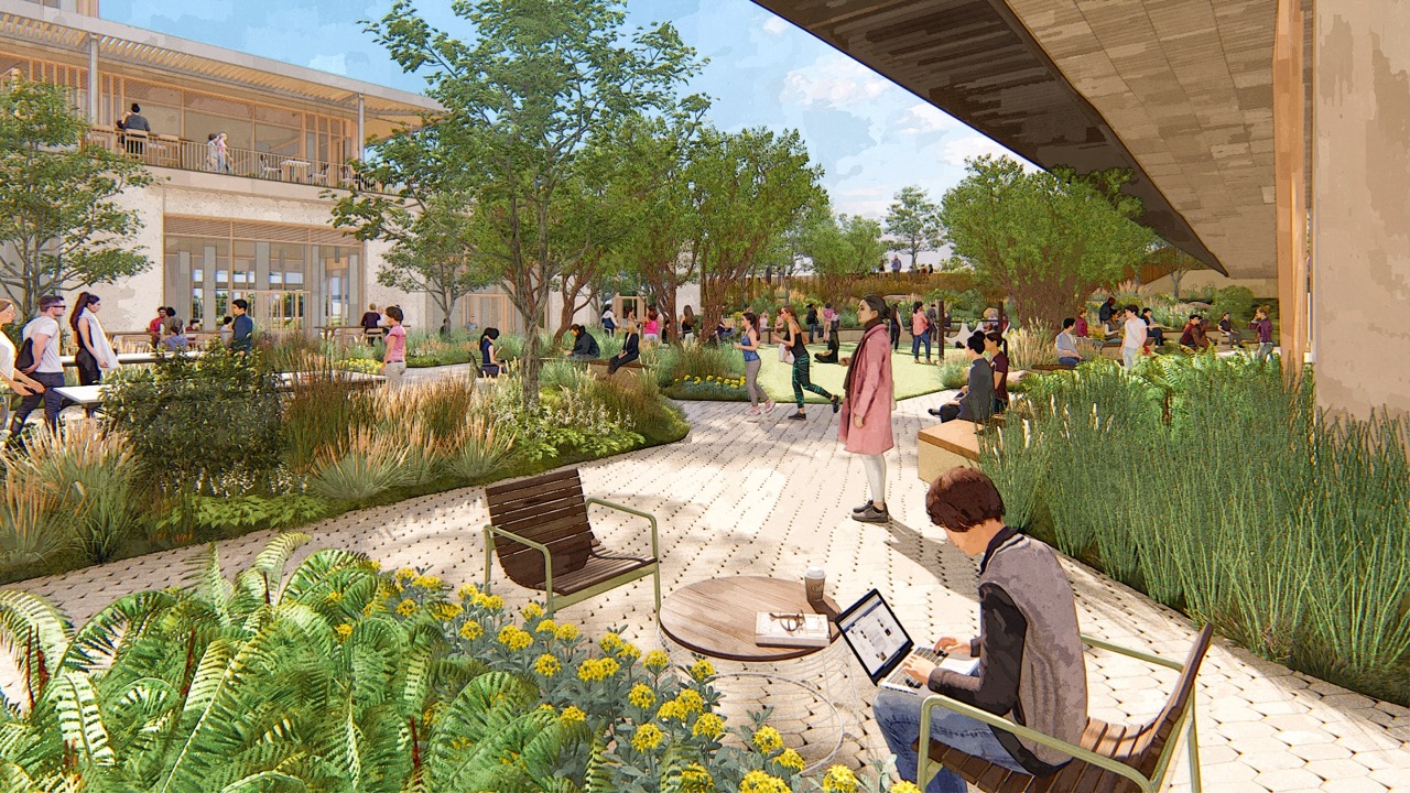 wellness courtyard with lush greenery and sitting areas