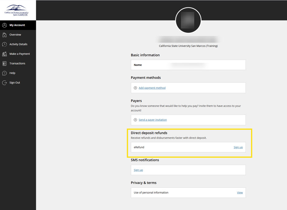 section highlighted for: Direct deposit refunds and form filled in with 'eRefund'