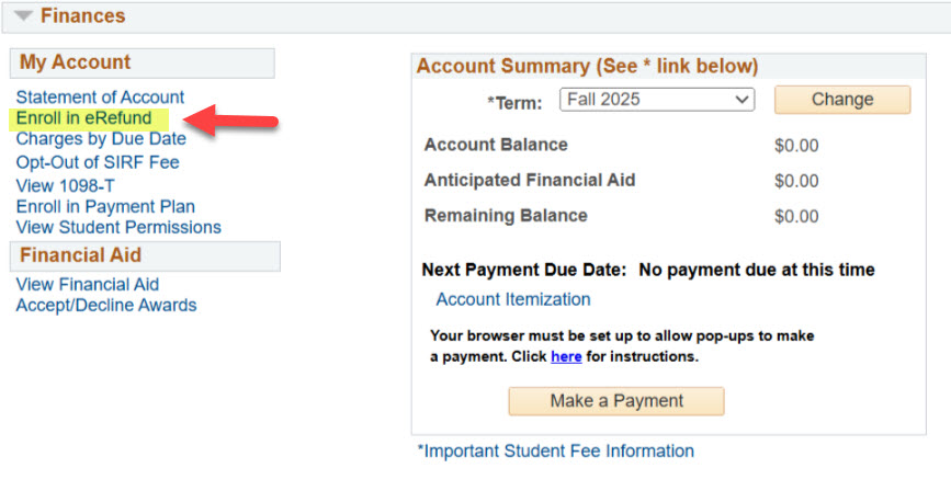 arrow pointing to left-hand navigation option: Enroll in eRefund under My Account menu