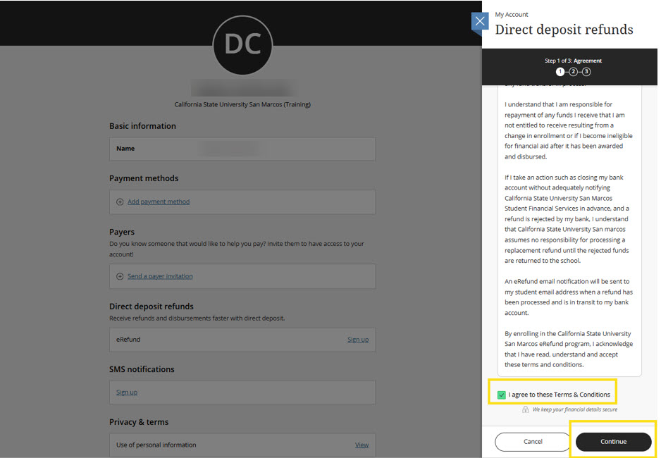 highlighted checkbox filled in for: I agree to these Terms & Conditions. Also a button for 'Continue' highlighted.