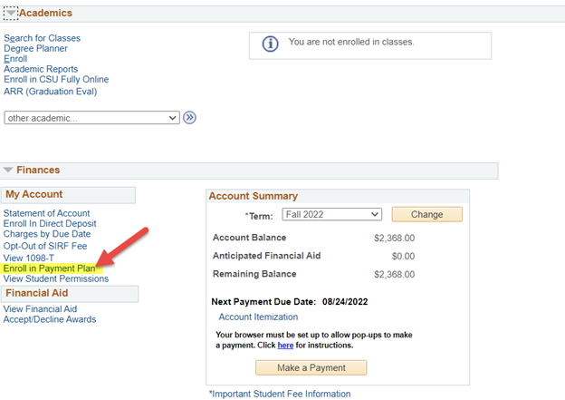 screenshot enroll in payment plan dropdown menu