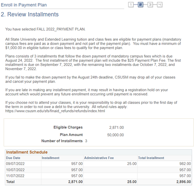 screenshot - table view of installments with next submit button