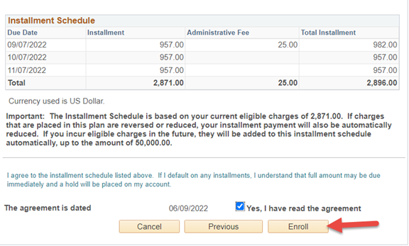 screenshot checkbox agreeing to payment plan and enroll submit button