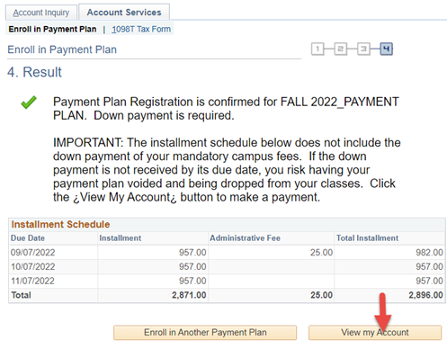 screenshot - confirmation of payment plan registration