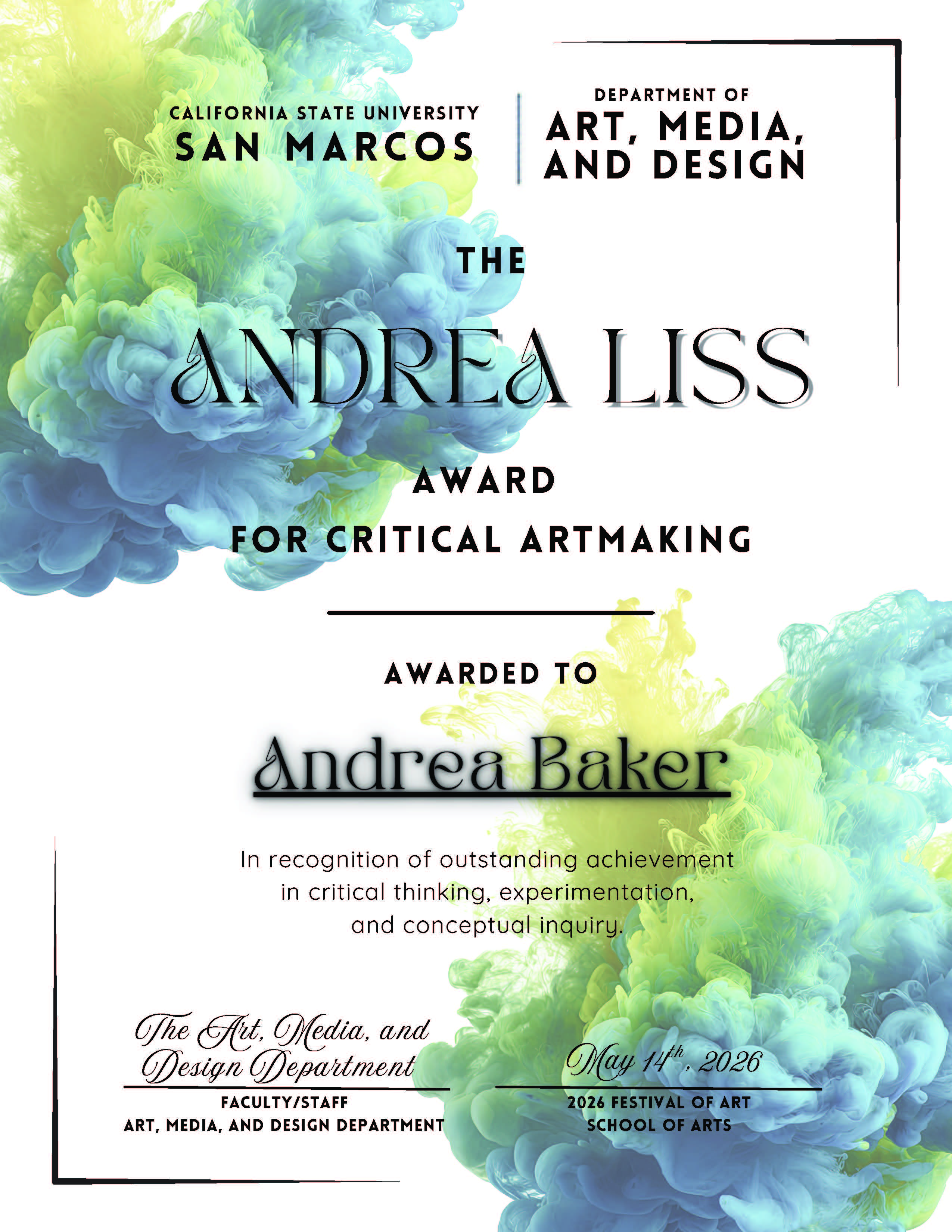 Andrea Baker 2026 Festival of Art Award
