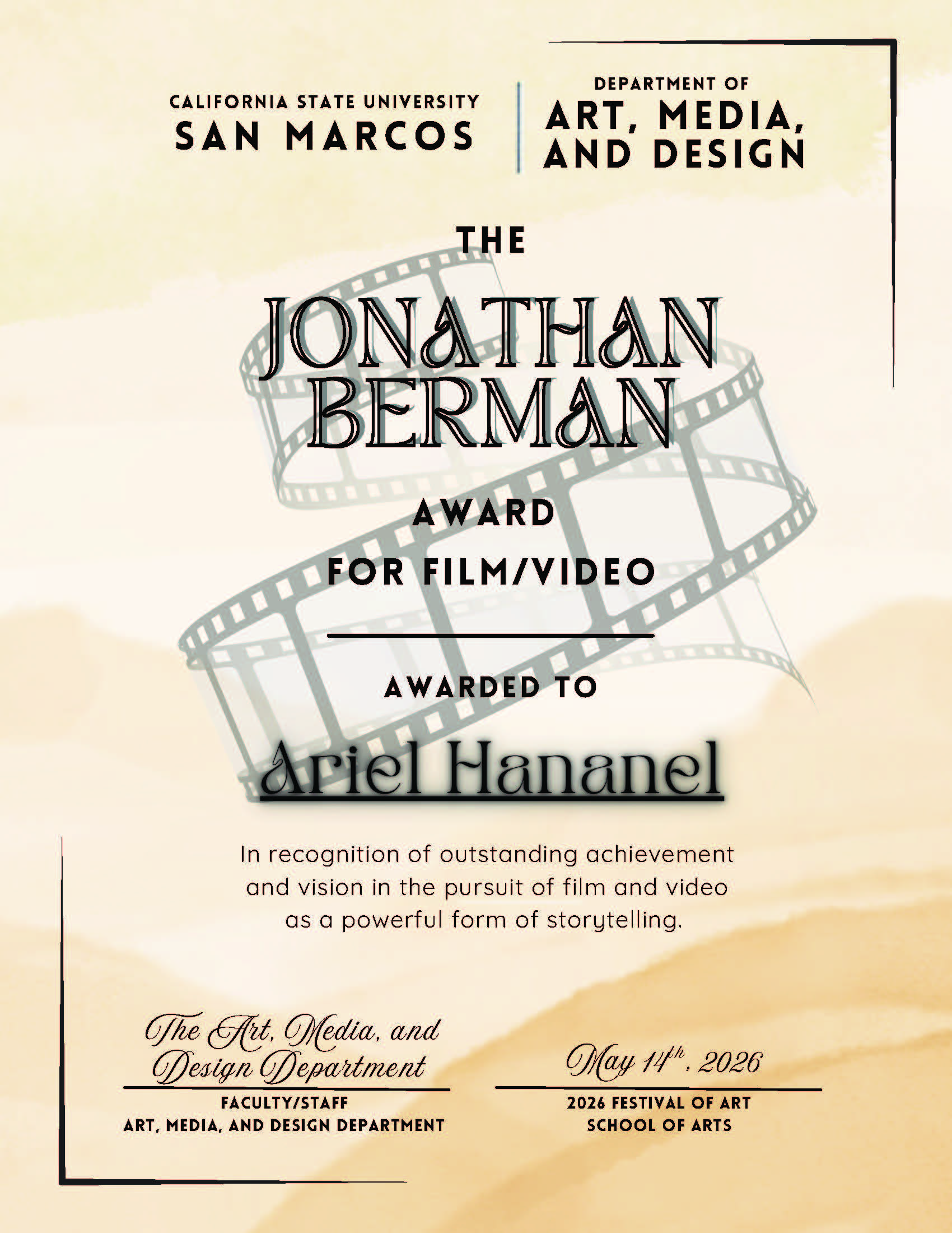 Ariel Hananel 2026 Festival of Art Award