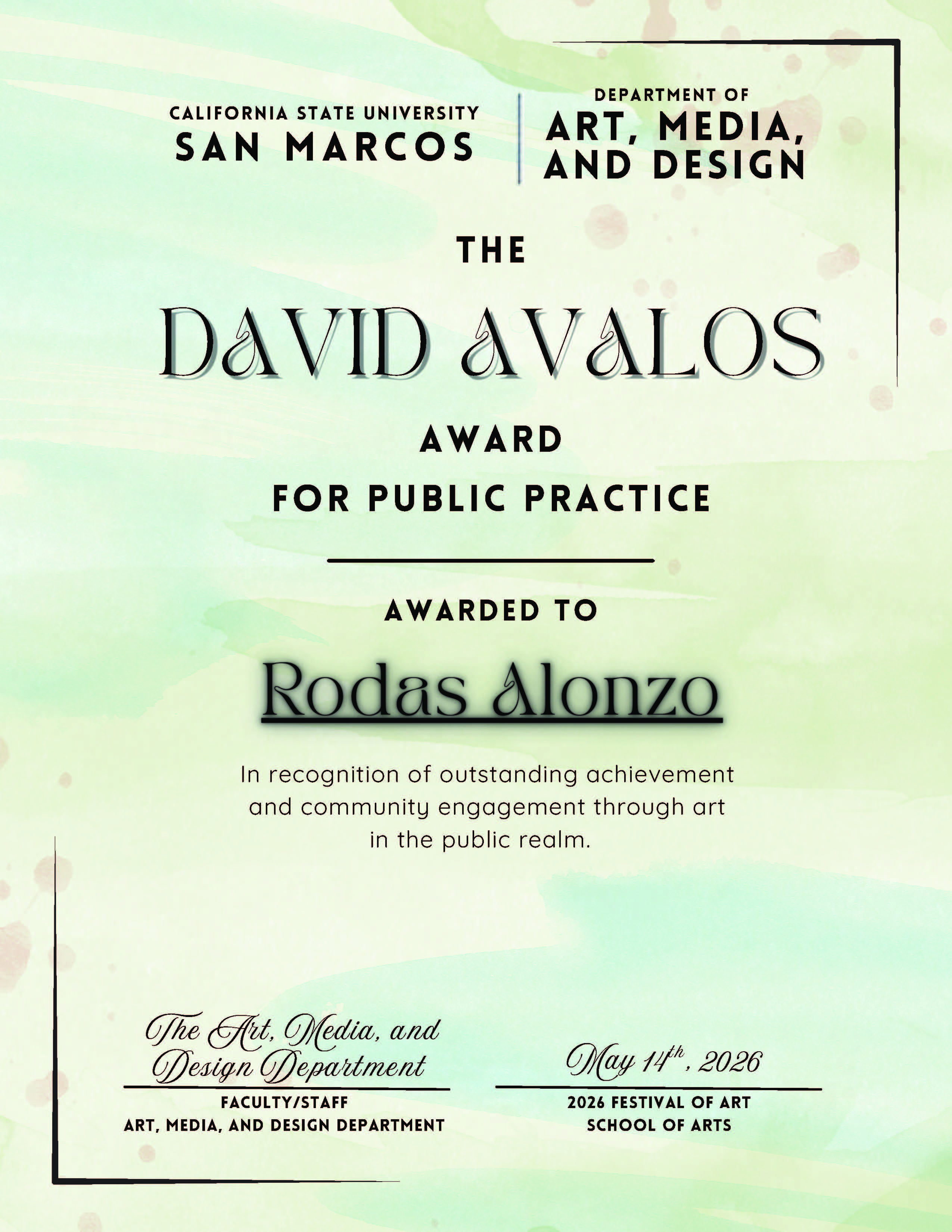 Rodas Alonzo 2026 Festival of Art Award