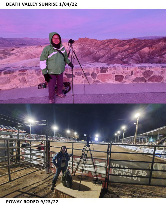 Top: Criselda with her camera posing with Death Valley behind her on Jan. 4, 2022, Bottom: Criselda at the Poway Rodeo on Sept. 23, 2022