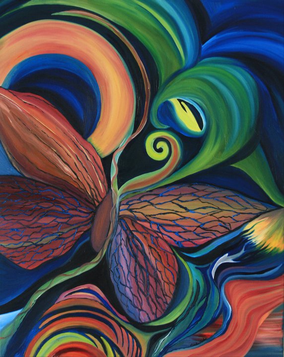 a whimsical butterfly painted against a colorful and swirly background.