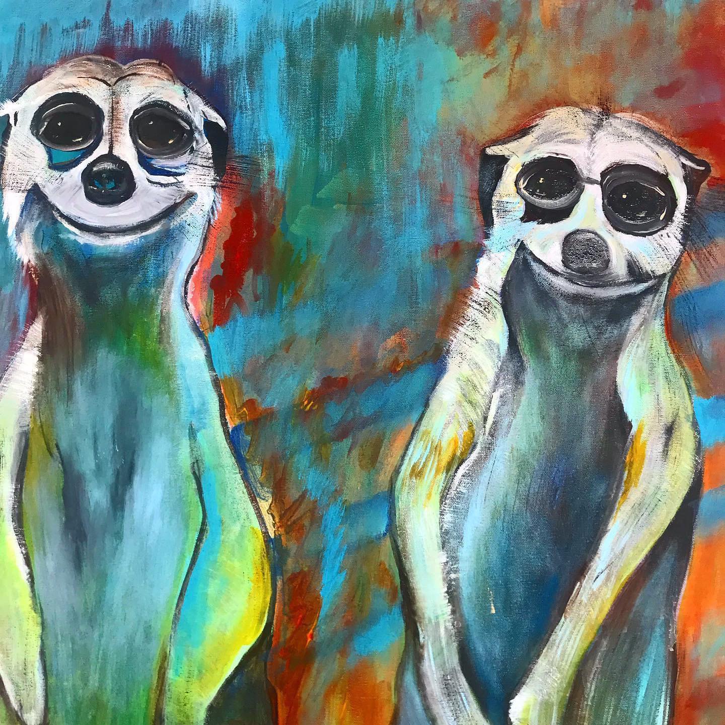 two smiling meercats painted on a rainbow colored background.
