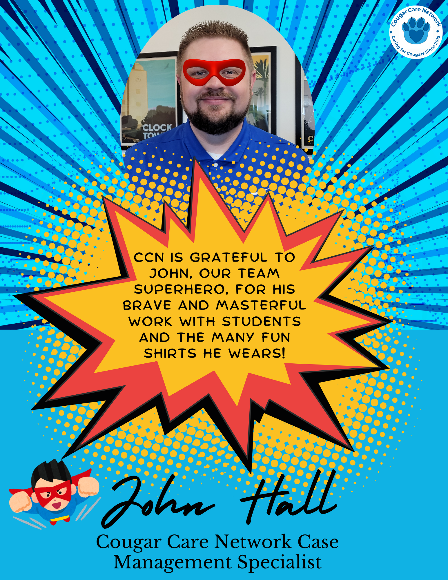Flyer with a man wearing a red mask over eyes like a superhero