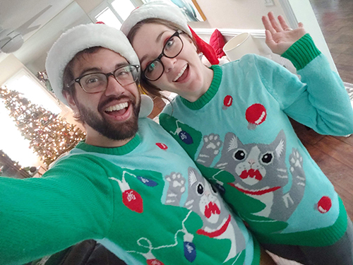 Two people in green pajamas