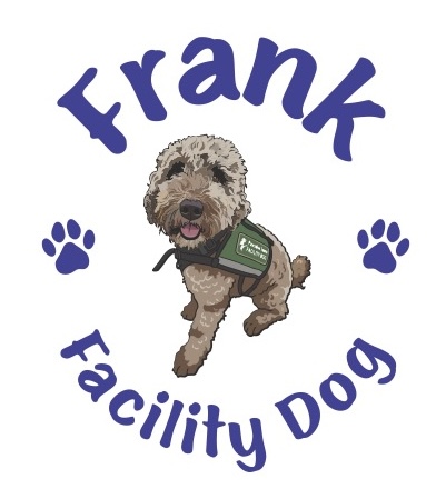 Dog with wording " Frank the facility dog"