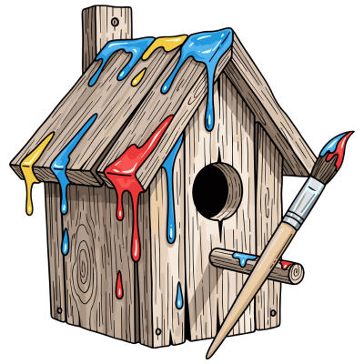Birdhouse splattered with paint and paintbrush