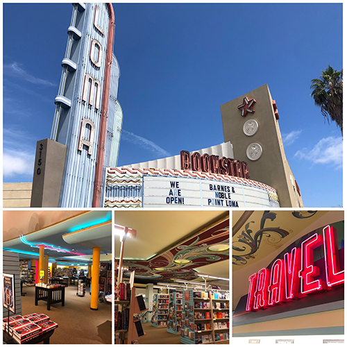Bookstar sign, book aisles and neon travel sign