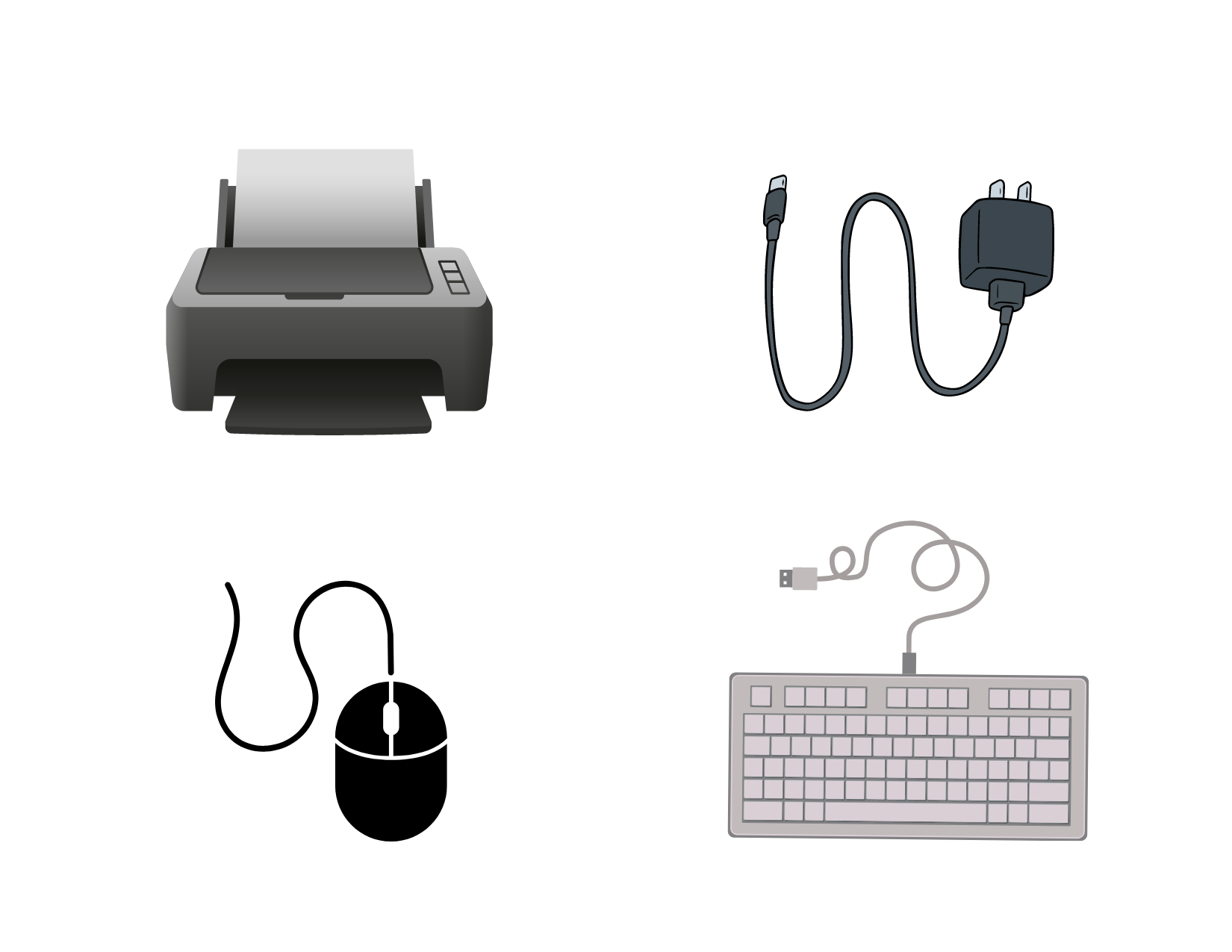 Images of a computer mouse, computer keyboard, phone charger, and printer.