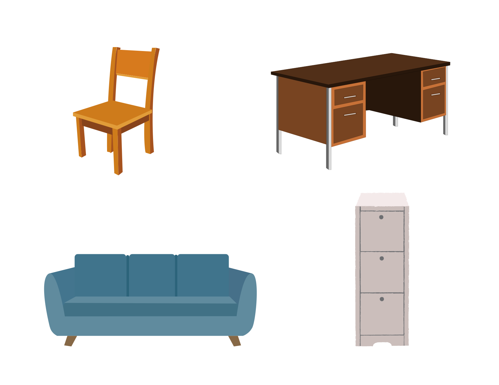 Images of a couch, chair, cabinet, and desk.