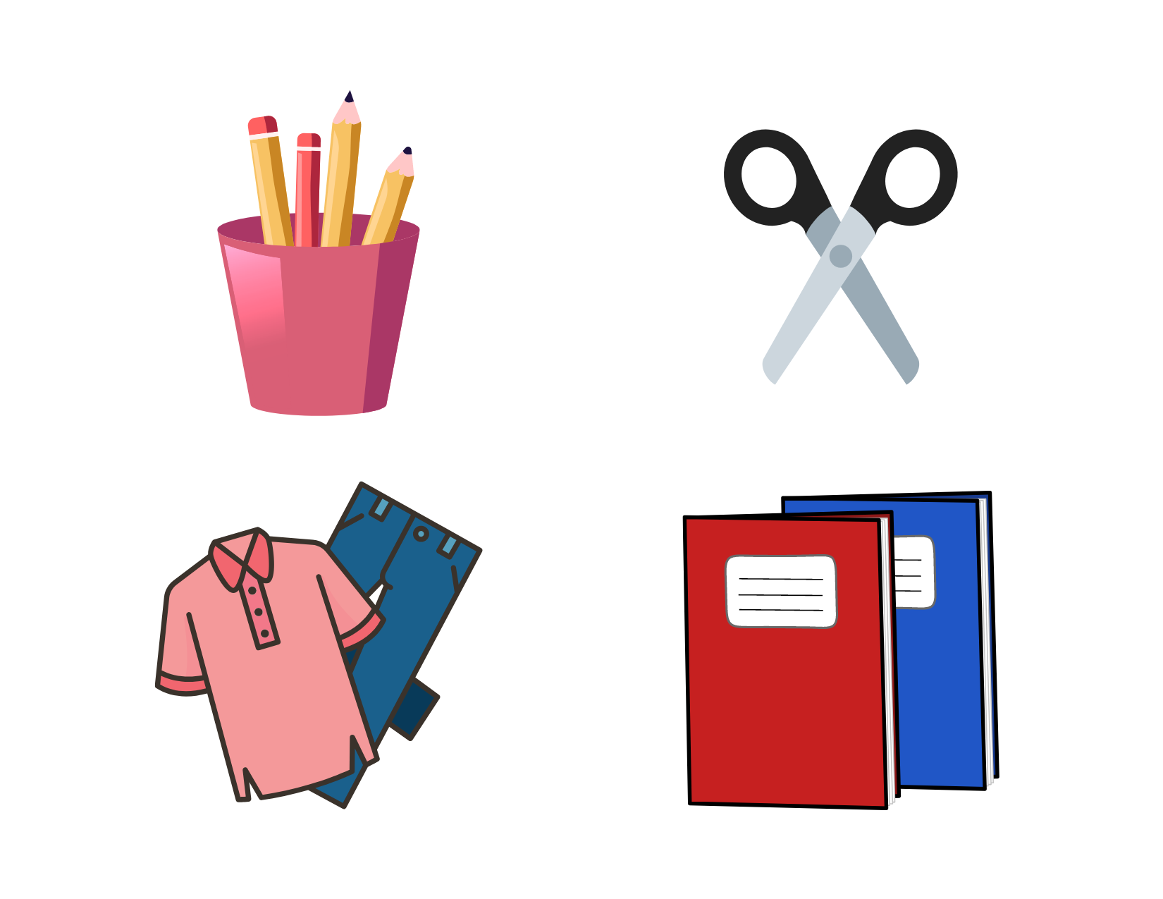Images of scissors, a cup with pencils in it, clothes, and notebooks.