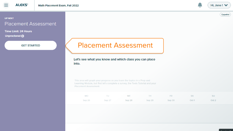 Screenshot of page leading to initial ALEKS PPL Placement Assessment following ALEKS PPL registration.