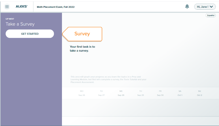 Screenshot of start of Survey as part of ALEKS PPL registration.