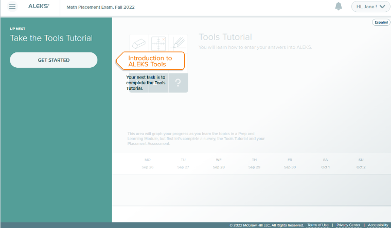 Screenshot of start of Tools Tutorial as part of ALEKS PPL Registration.