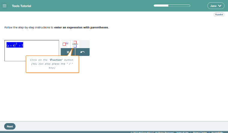 Screenshot of entering expressions in parentheses, an example task in Tools Tutorial as part of ALEKS PPL Registration.