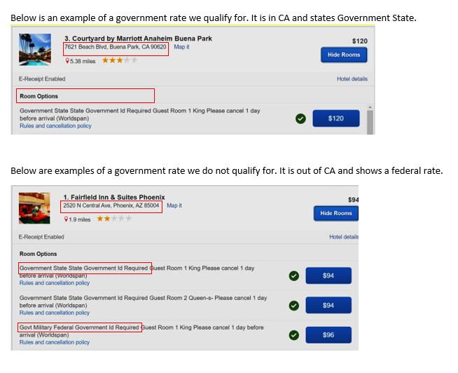 hotel government rates webpage example