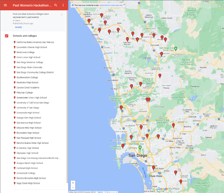 Google map with pin drops for each participating school