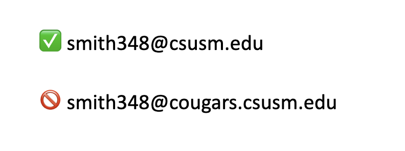 example is smith348@csusm.edu, not smith348@cougars.csusm.edu